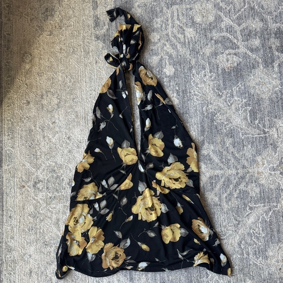 Anthropologie Tops - Anthropologie Black and Gold Floral Halter Top